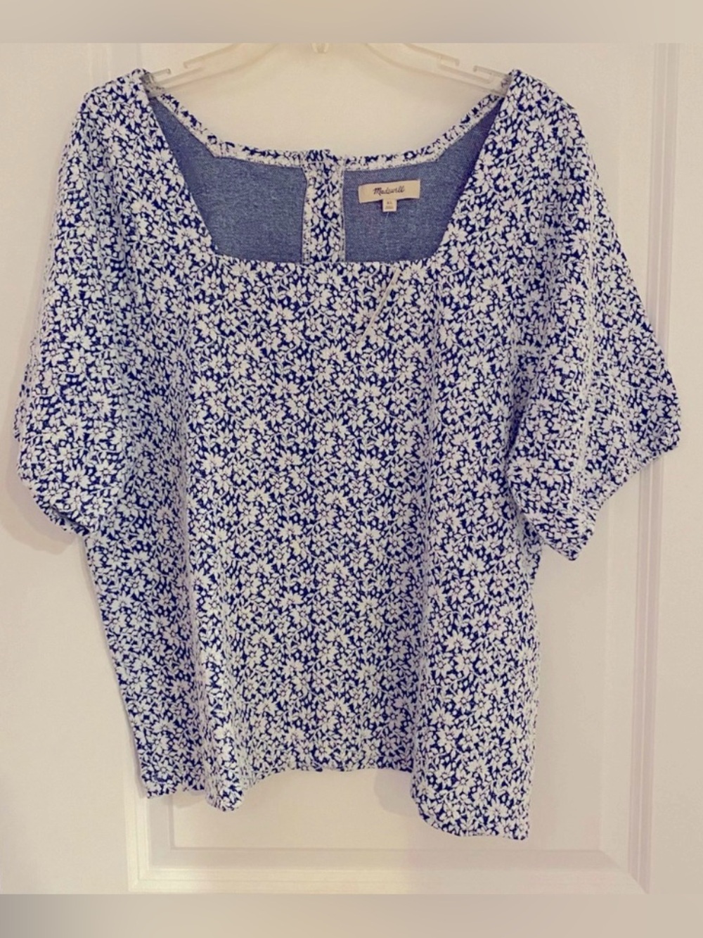 Madewell Blue and White Jacquard Floral Scoop-Neck Blouse, XL, NWT